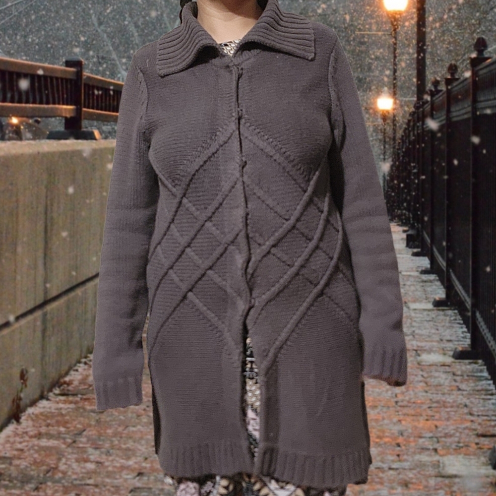 Liz & Co Knitted Grey Overcoat Style Cardigan Sweater Sz Lg - Picture 2 of 8